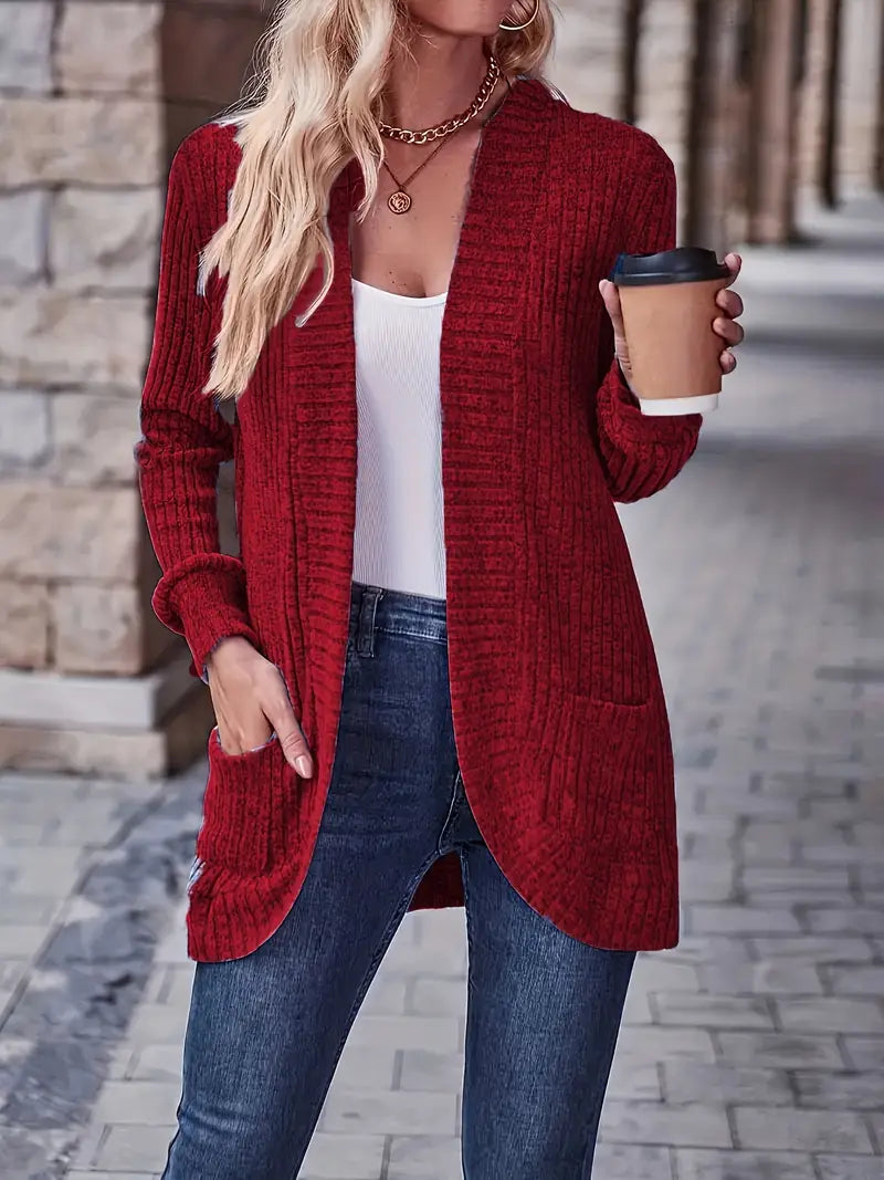 Women's Relaxed Long-Sleeve Knit Cardigan in Red