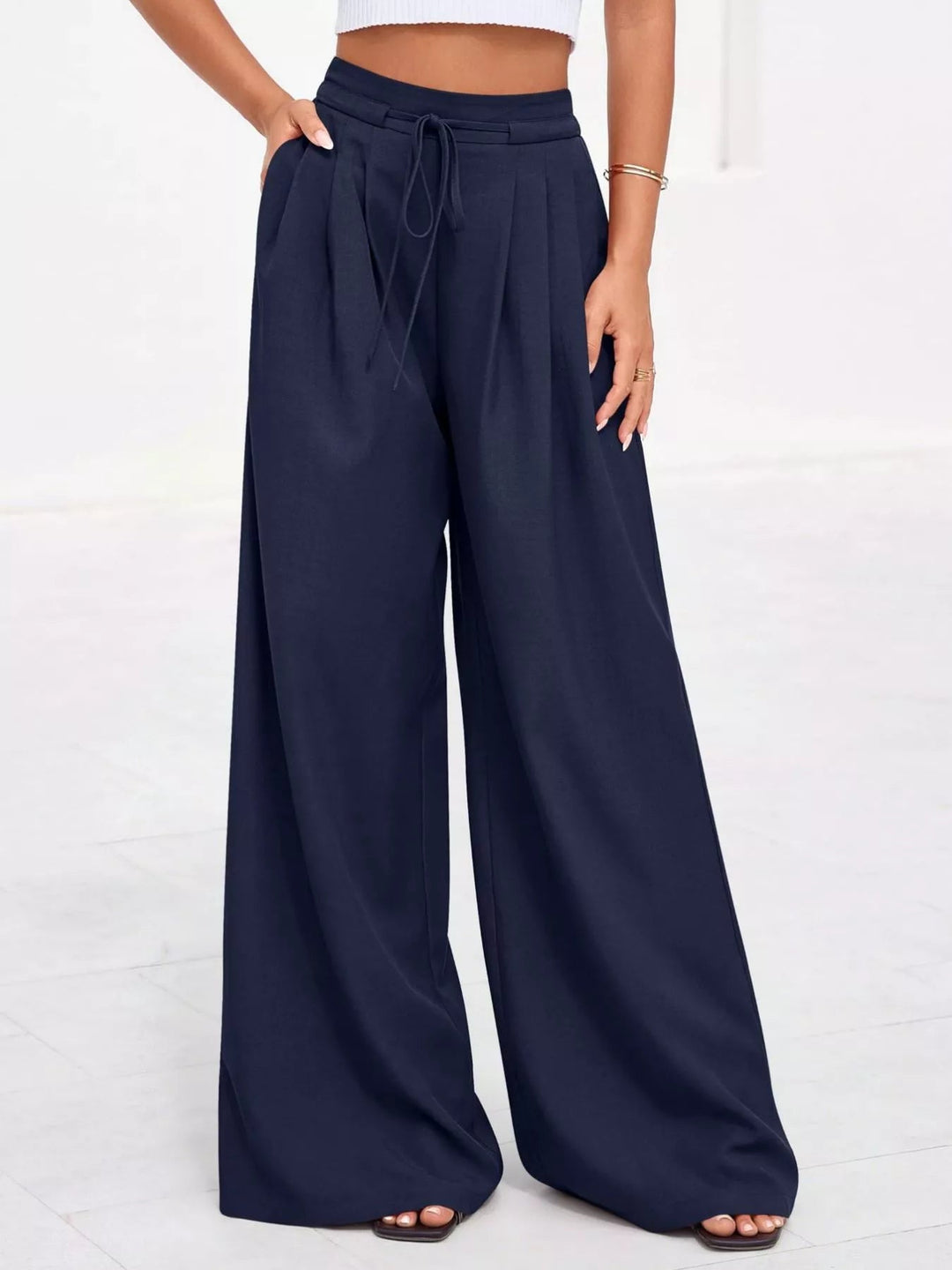 Women's Relaxed Wide Leg Pants, Pleated & High-Waisted in Dark Blue
