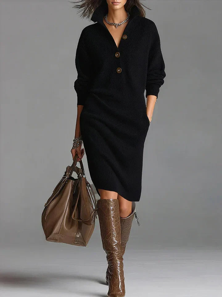 Women's Ribbed Midi Fall Wedding Guest Dress in Black