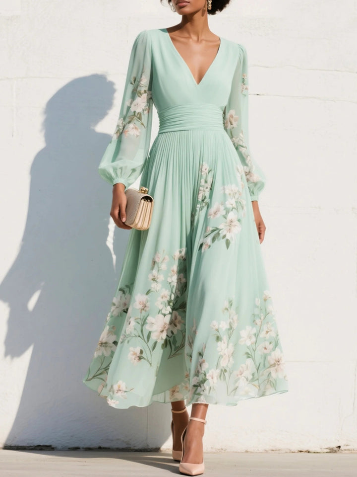 Women's Romantic Floral Chiffon Midi Dress in Light Green