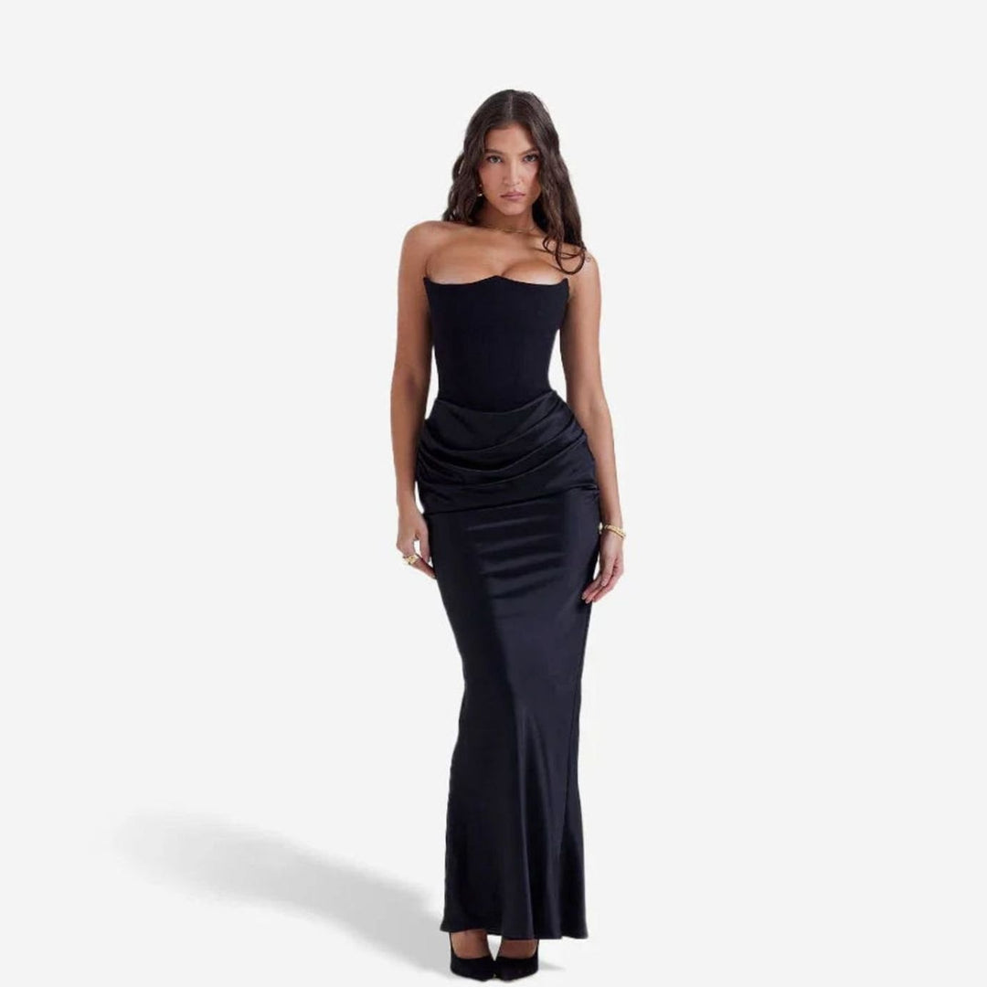Women's Satin Gathered Fall Wedding Guest Dress in Black
