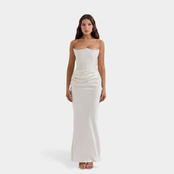 Women's Satin Gathered Fall Wedding Guest Dress in White