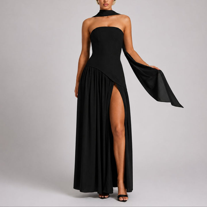 Women's Scarf-Neck Fall Wedding Guest Dress in Black
