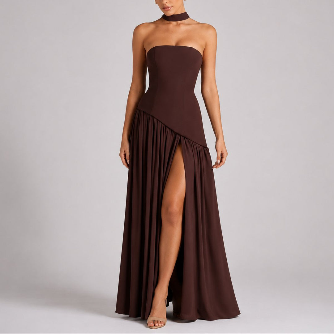 Women's Scarf-Neck Fall Wedding Guest Dress in Brown