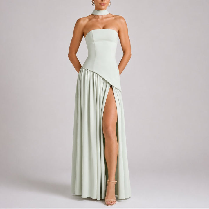 Women's Scarf-Neck Fall Wedding Guest Dress in Light Green