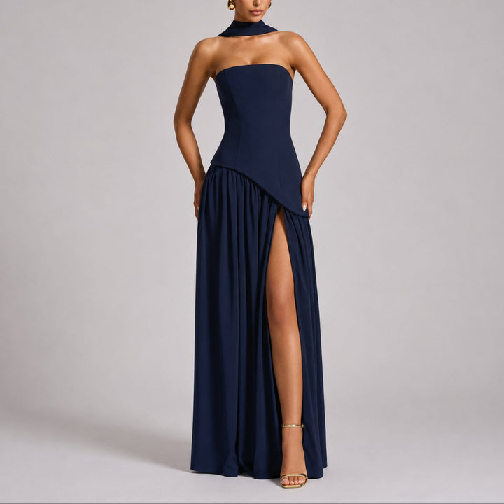 Women's Scarf-Neck Fall Wedding Guest Dress in Navy