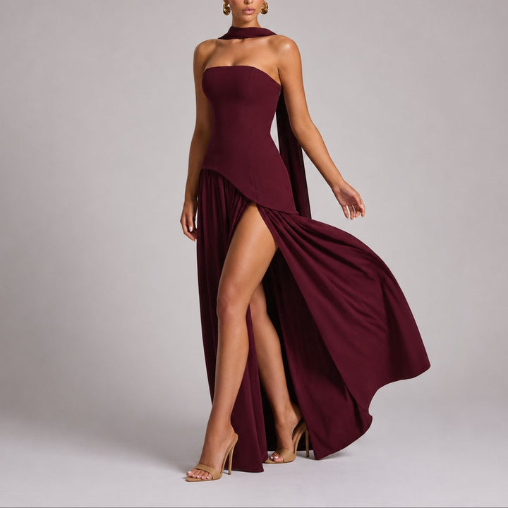 Women's Scarf-Neck Fall Wedding Guest Dress in Red