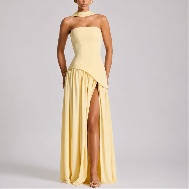 Women's Scarf-Neck Fall Wedding Guest Dress in Yellow