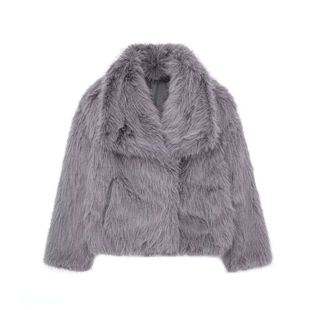 Women's Short Faux-Fur Jacket for Fall in Dark Grey