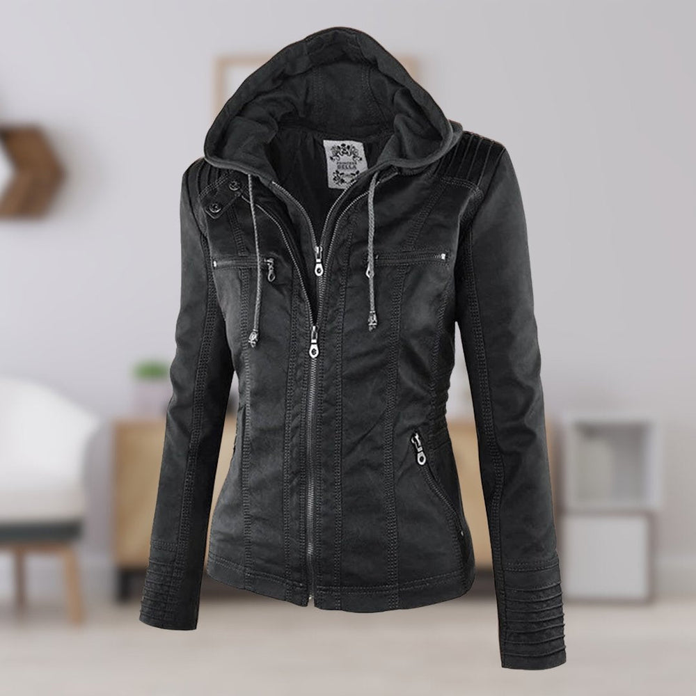 Women's Sleek Insulated Jacket with Removable Hood in Black
