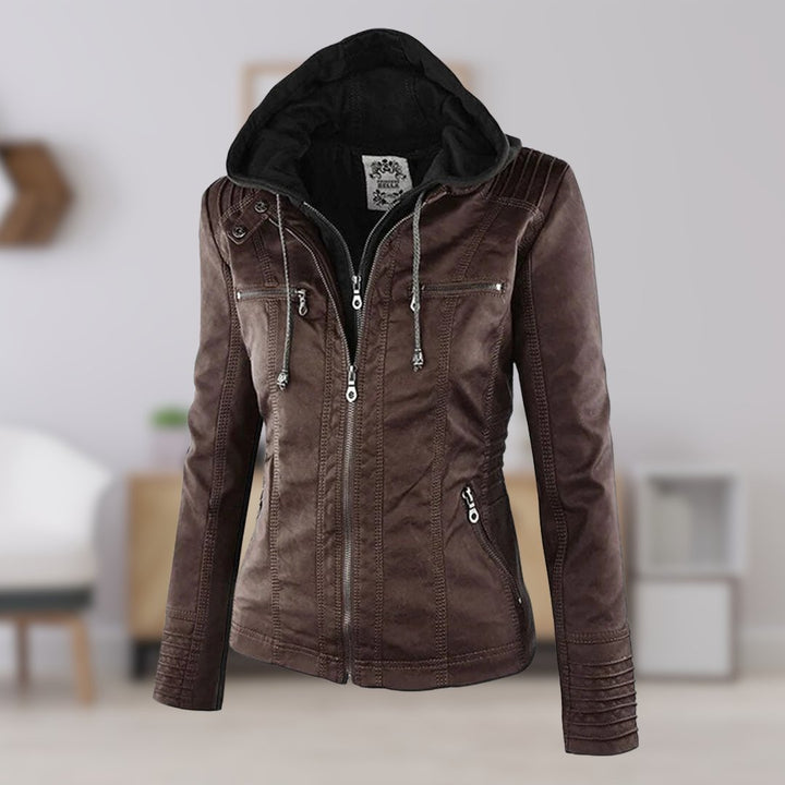 Women's Sleek Insulated Jacket with Removable Hood in Brown