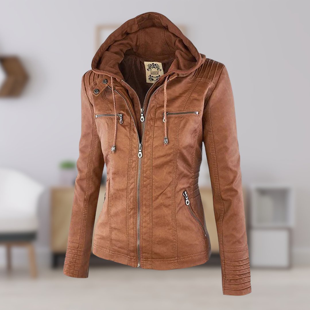 Women's Sleek Insulated Jacket with Removable Hood in Khaki