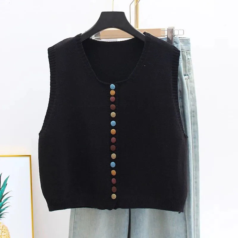 Women's Sleeveless Knit Cardigan with Button Details in Black
