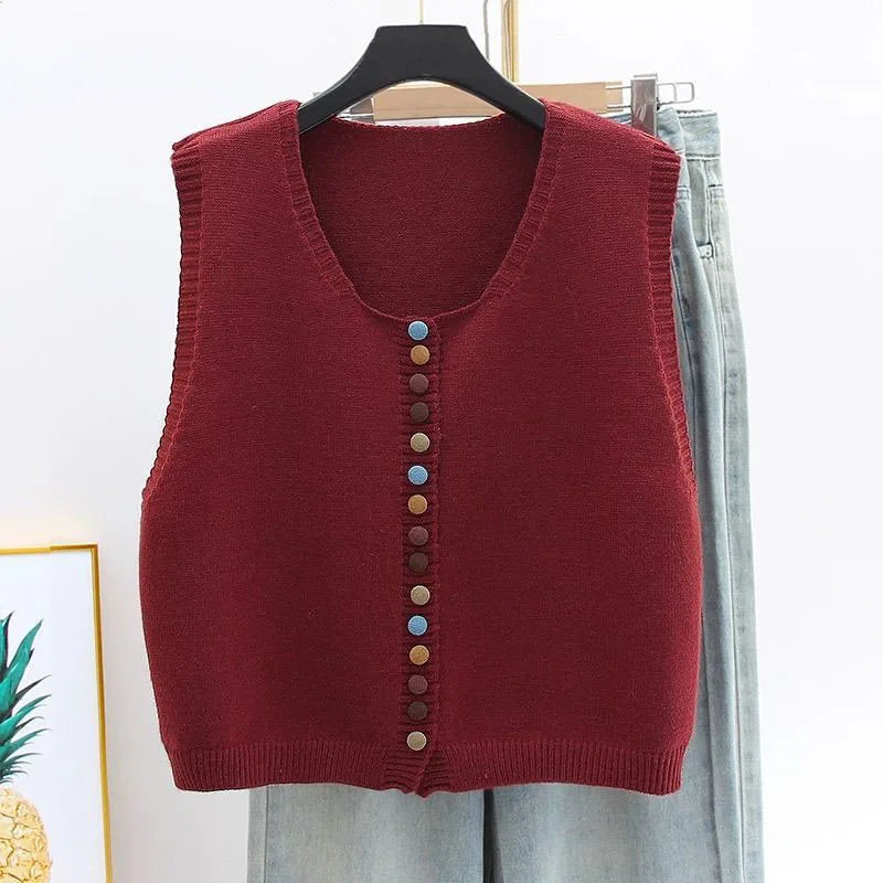 Women's Sleeveless Knit Cardigan with Button Details in Burgundy