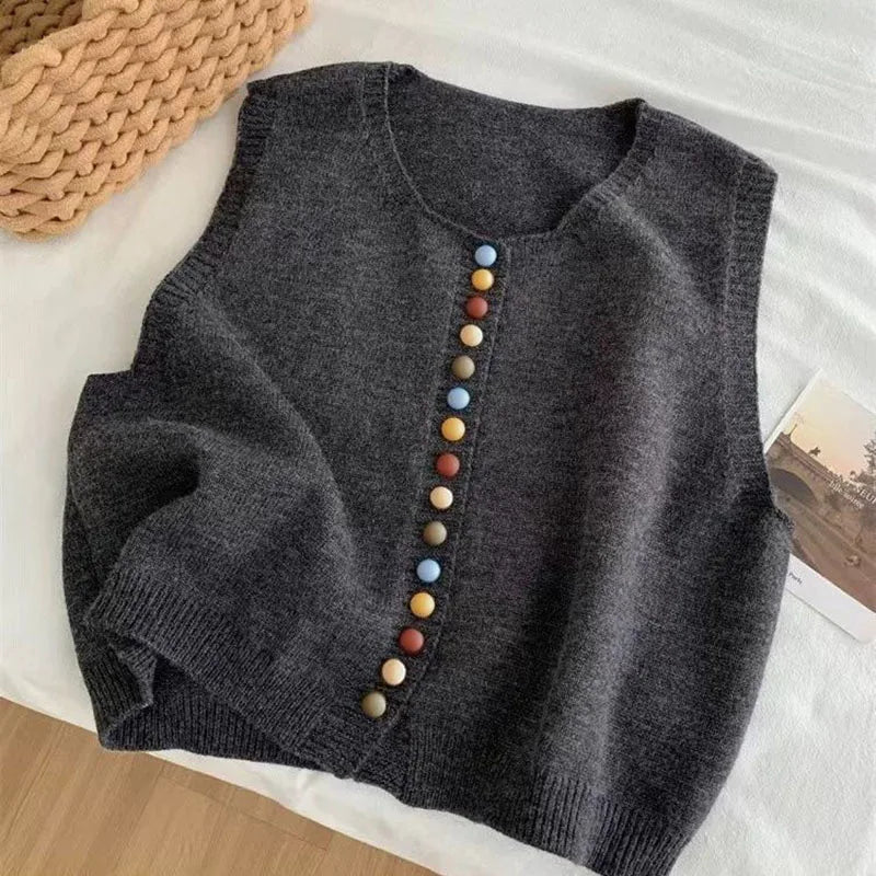 Women's Sleeveless Knit Cardigan with Button Details in Grey