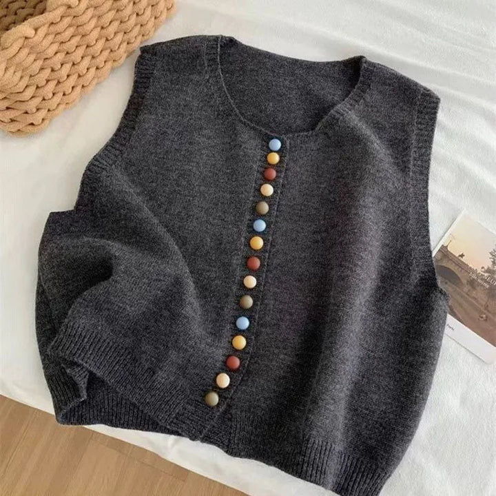 Women's Sleeveless Knit Cardigan with Button Details in Grey