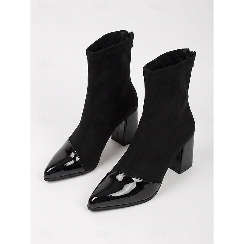 Women's Slip-On Block Heel Ankle Boots in Black