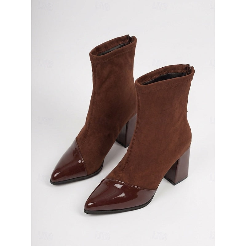 Women's Slip-On Block Heel Ankle Boots in Brown