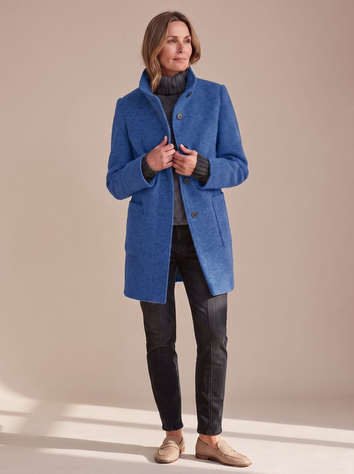 Women's Structured Fall Coat with Patch Pockets in Blue