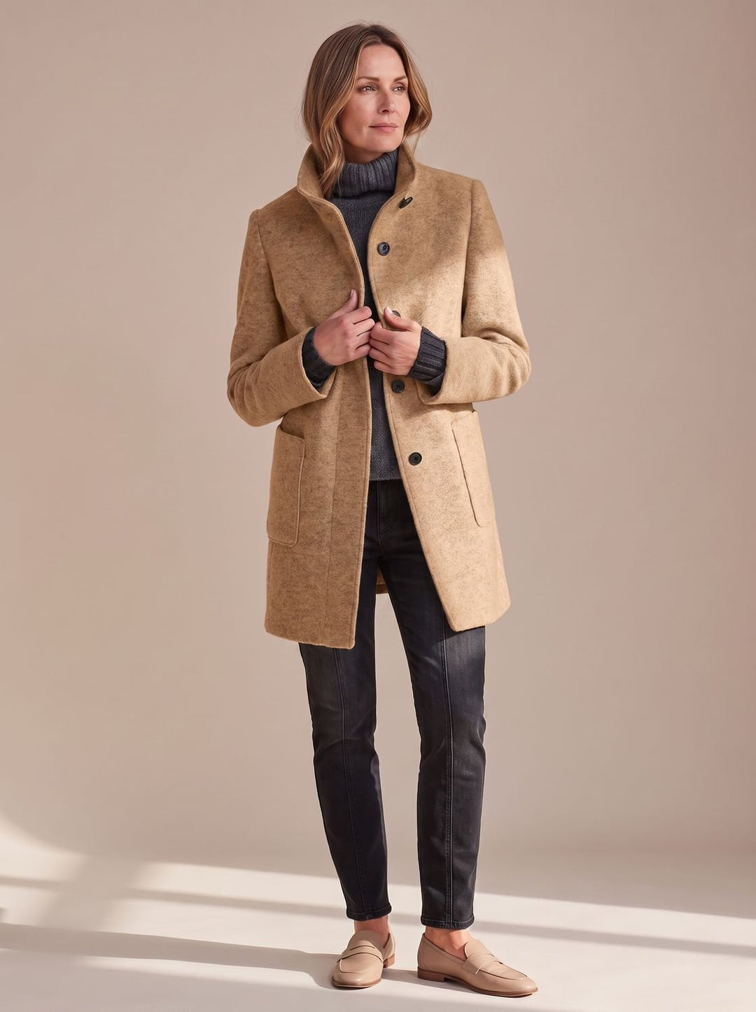 Women's Structured Fall Coat with Patch Pockets in Brown