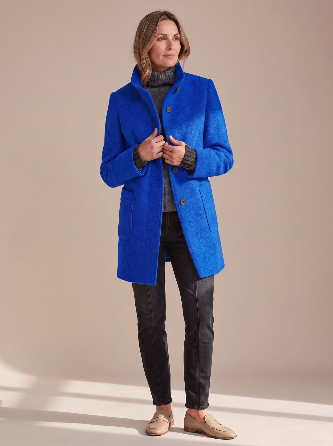 Women's Structured Fall Coat with Patch Pockets in Dark Blue