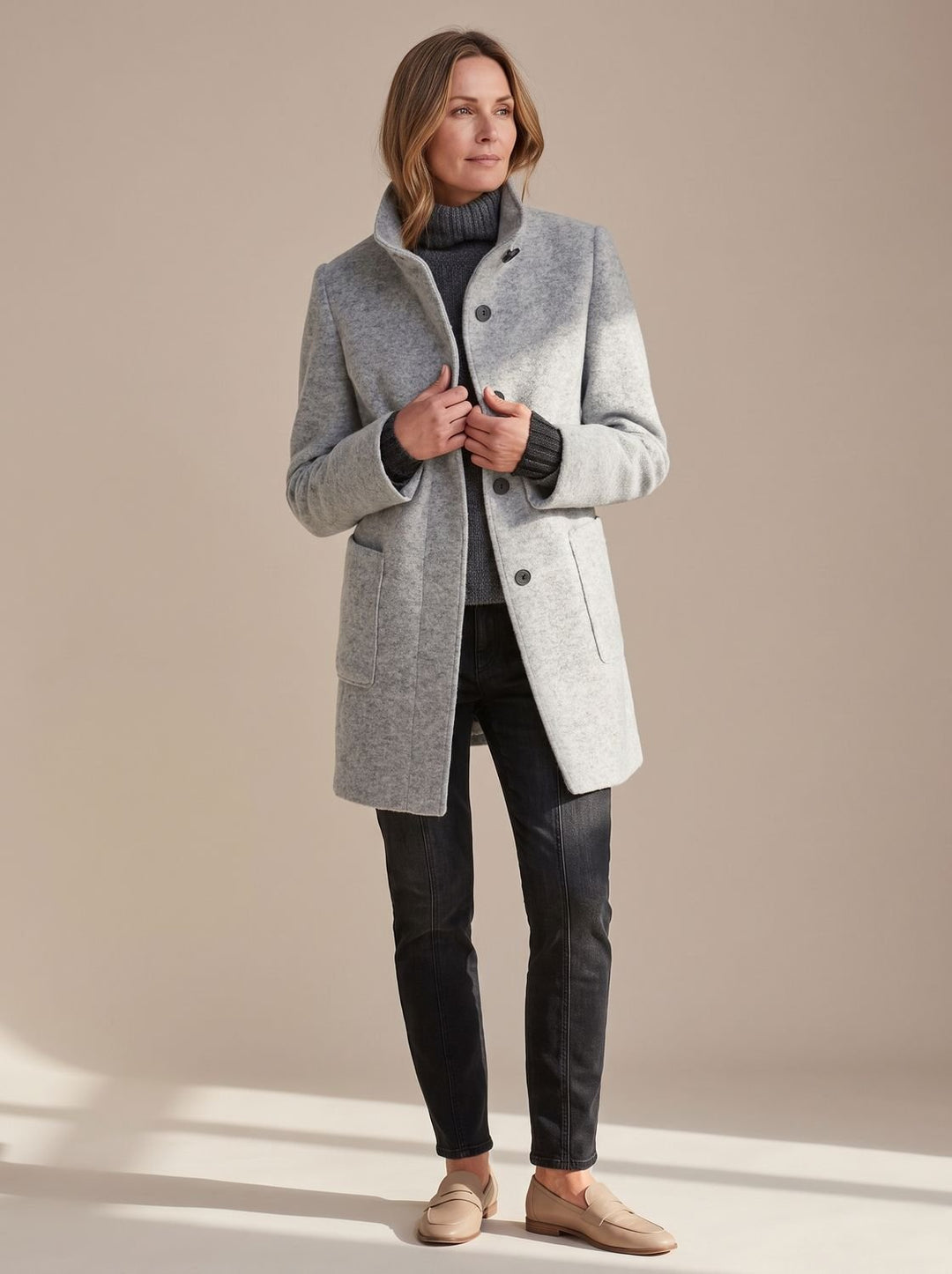 Women's Structured Fall Coat with Patch Pockets in Grey