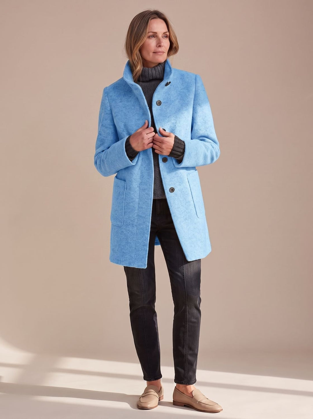 Women's Structured Fall Coat with Patch Pockets in Light Blue