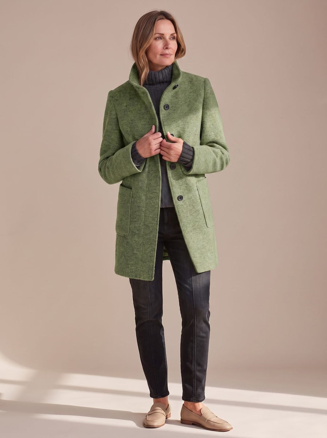 Women's Structured Fall Coat with Patch Pockets in Light Green