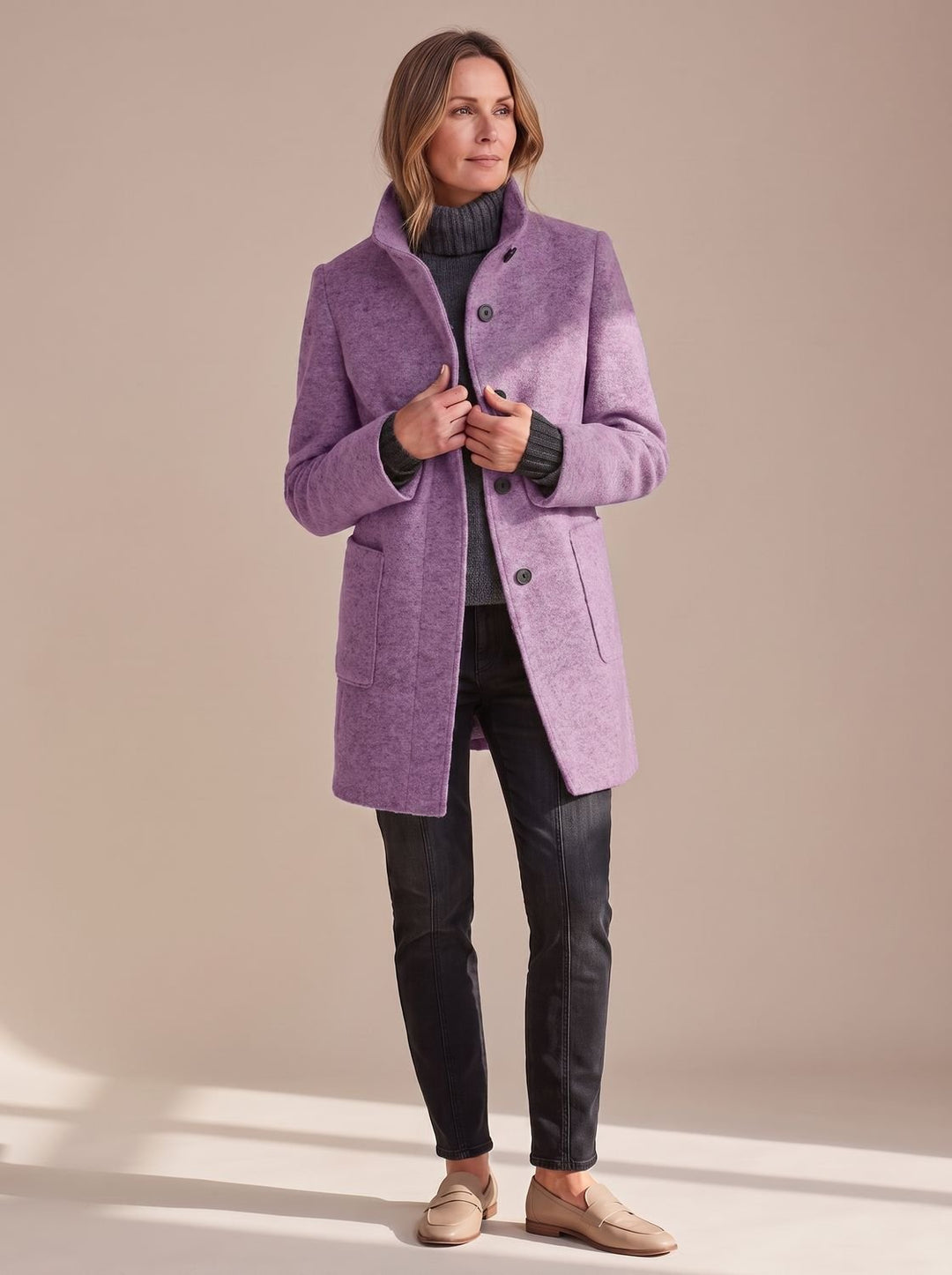 Women's Structured Fall Coat with Patch Pockets in Purple