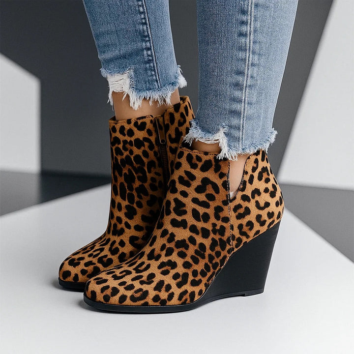 Women's Suede Wedge Boots for Fall Outfits in Brown with Leopard Print