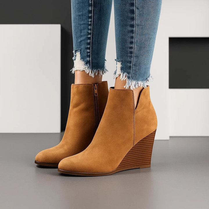 Women's Suede Wedge Boots for Fall Outfits in Khaki
