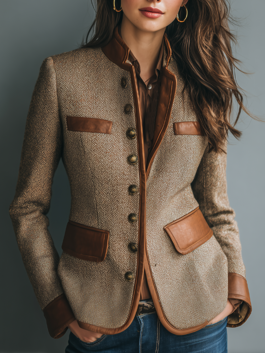 Women's Tailored Vintage Jacket with Pockets in Brown