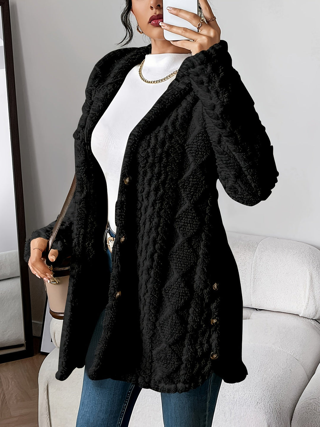 Women's Textured Hooded Knit Cardigan in Black