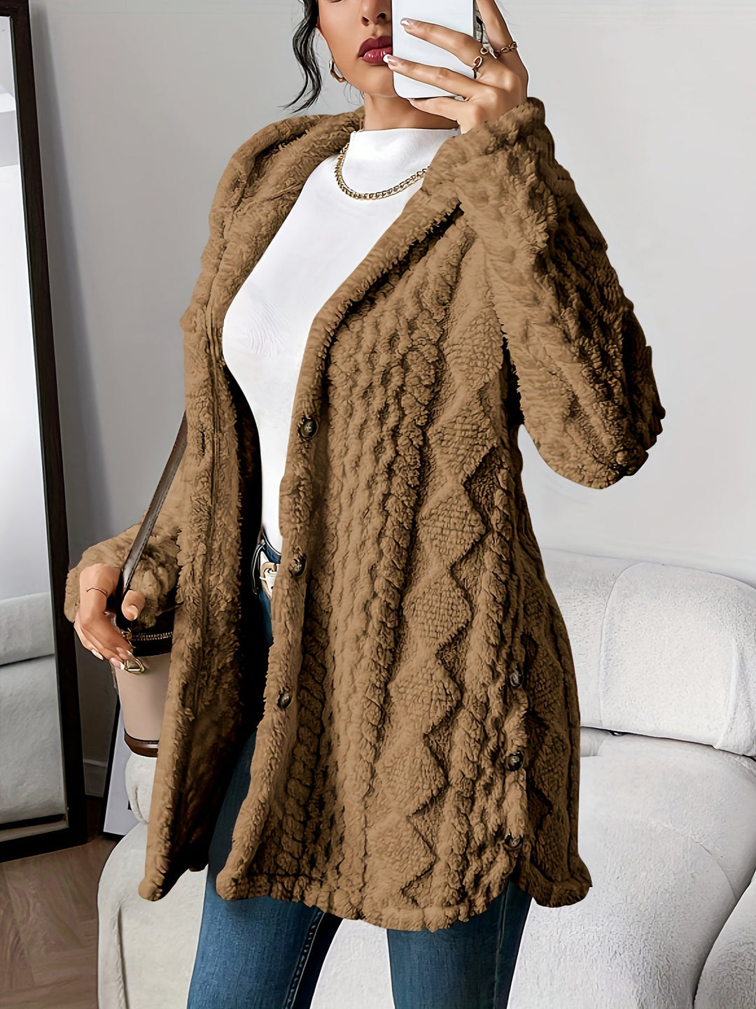 Women's Textured Hooded Knit Cardigan in Brown