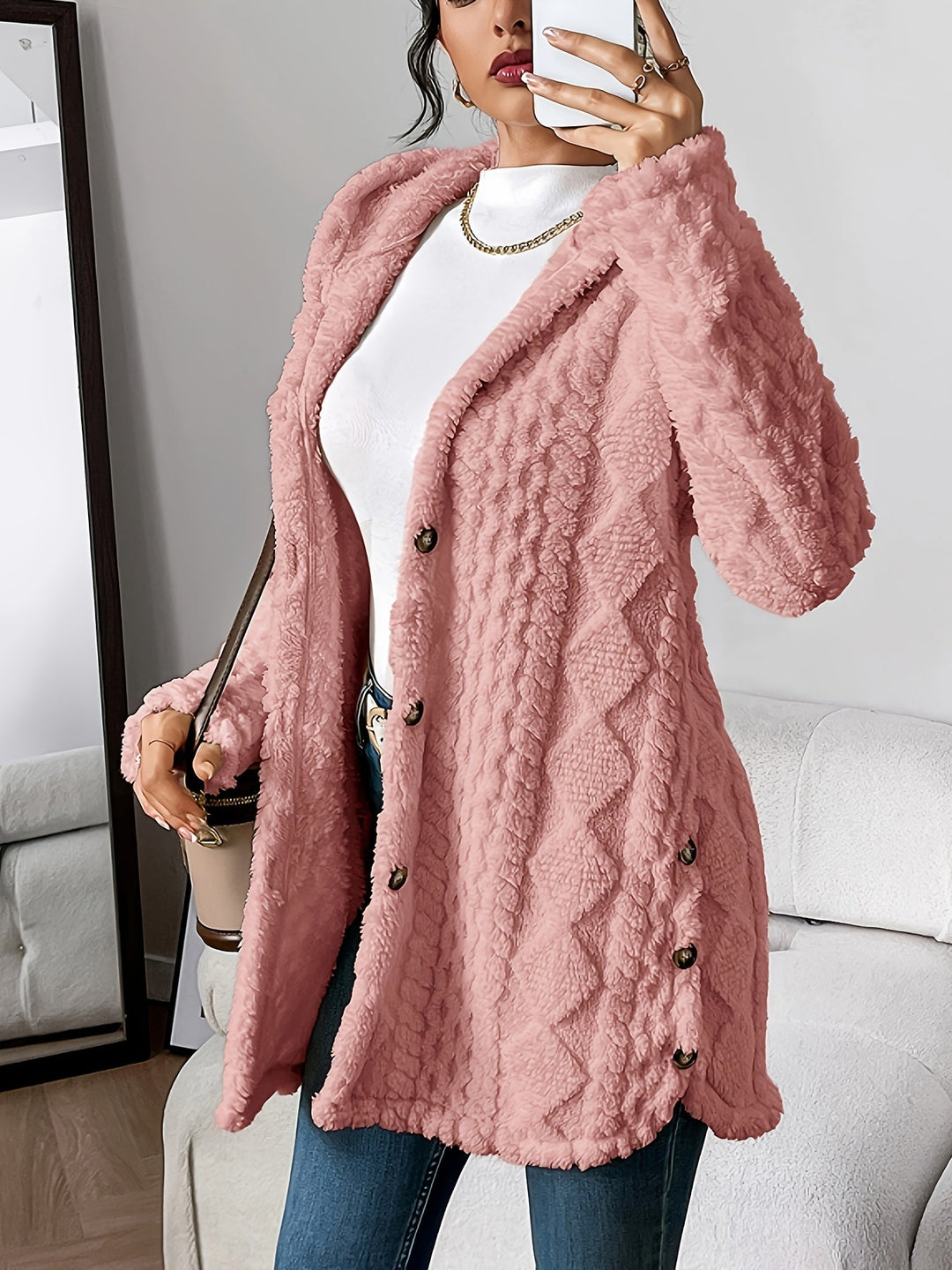 Women's Textured Hooded Knit Cardigan in Pink