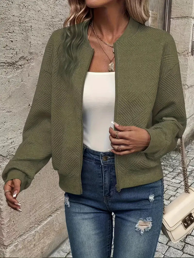 Women's Textured Knit Zip Cardigan in Armeegrün