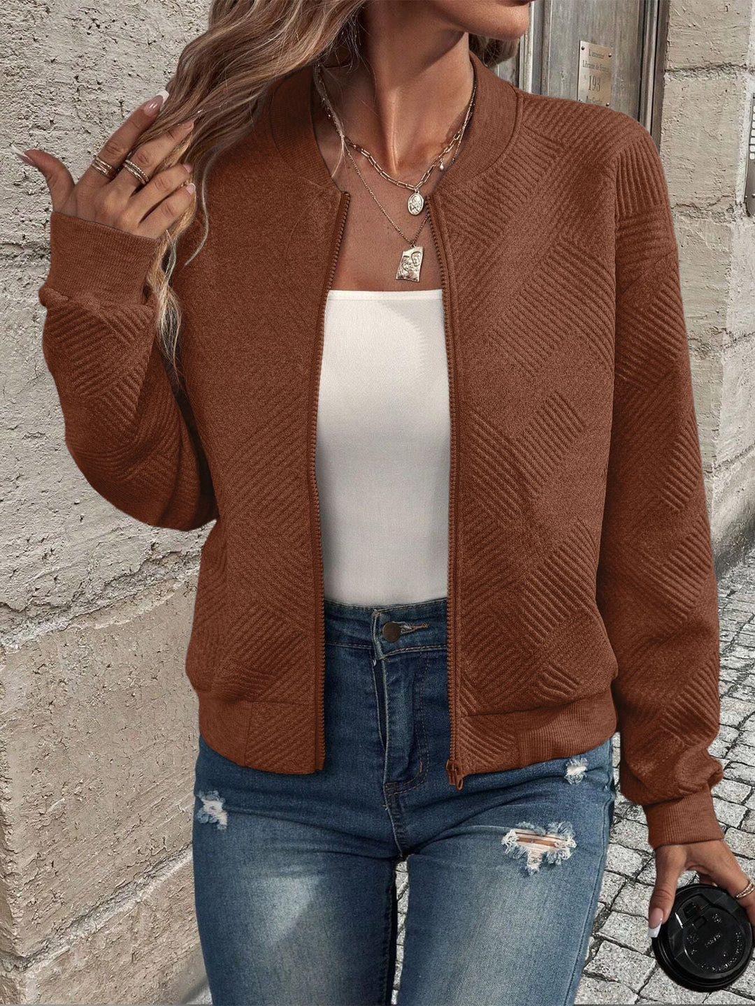 Women's Textured Knit Zip Cardigan in Brown