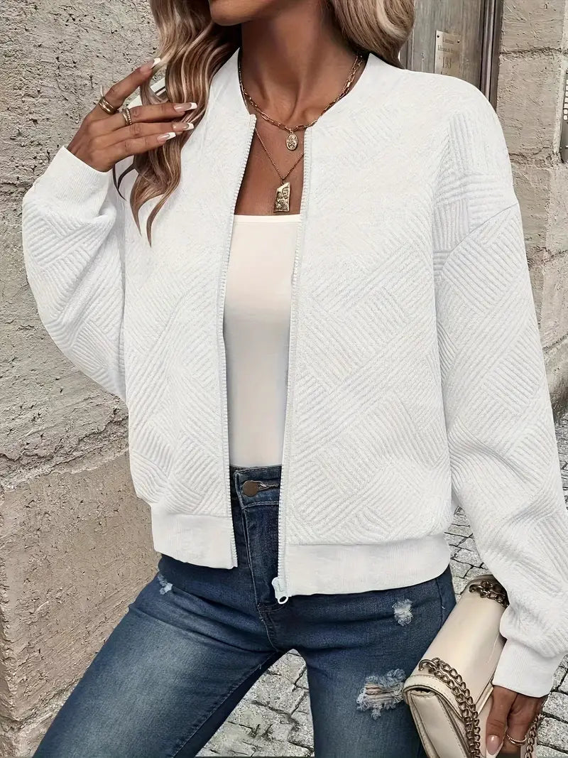 Women's Textured Knit Zip Cardigan in White