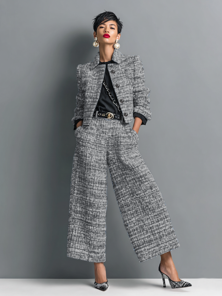 Women's Textured Tailored Jacket and Trouser Set in Black