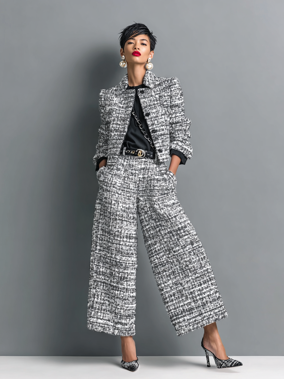 Women's Textured Tailored Jacket and Trouser Set in Grey