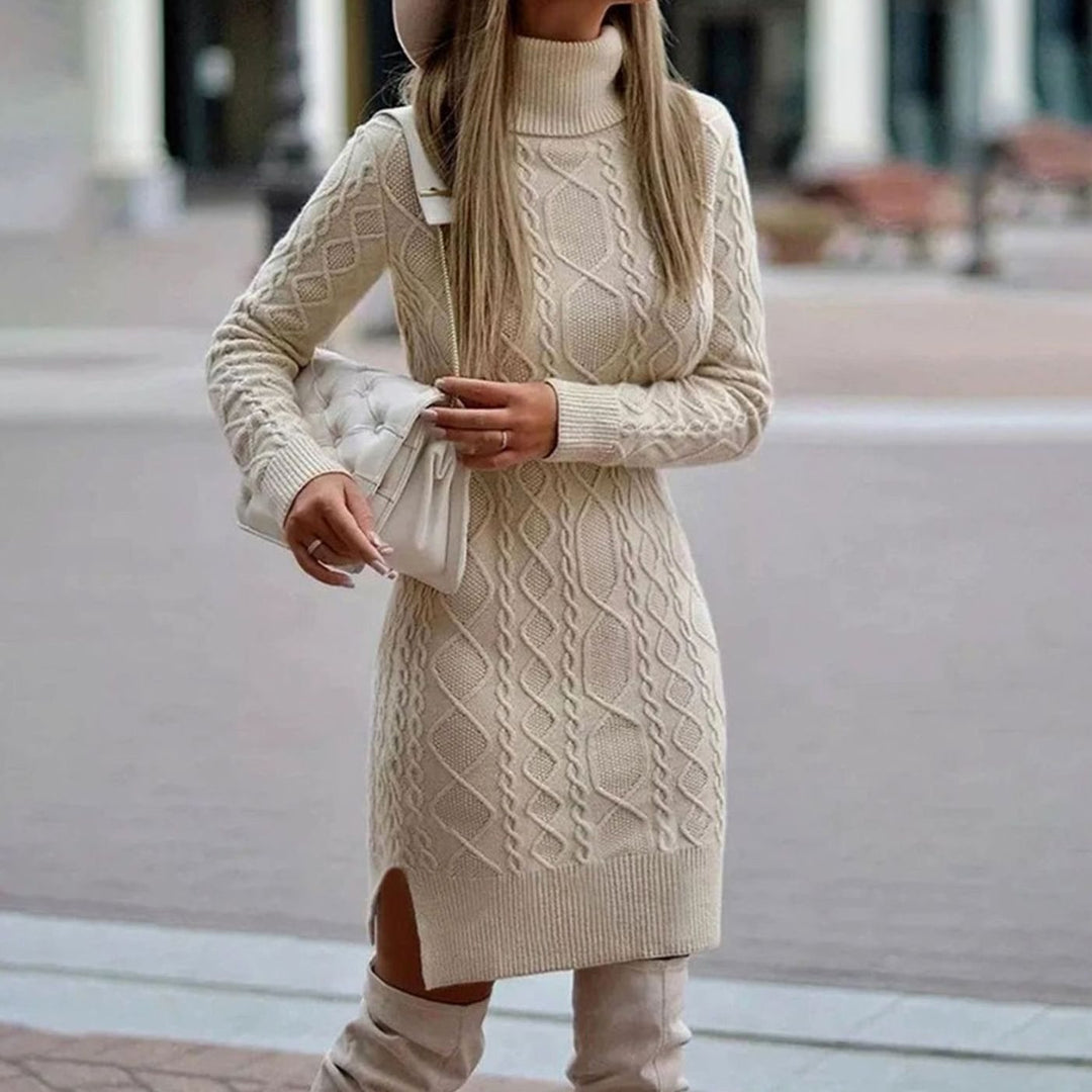 Women's Turtleneck Knitted Dress for Fall Weddings in Beige