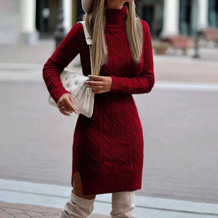 Women's Turtleneck Knitted Dress for Fall Weddings in Burgundy