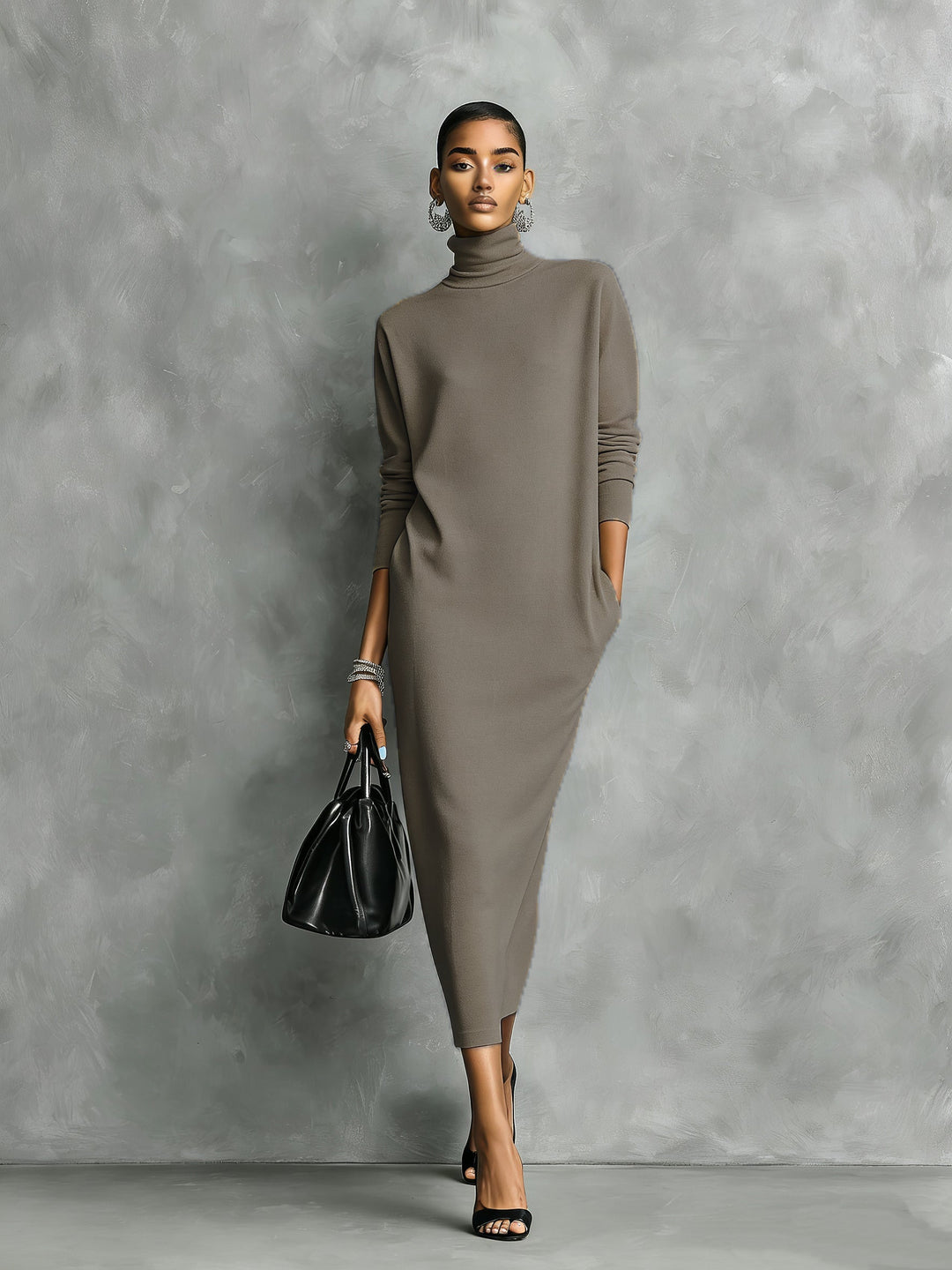 Women's Turtleneck Midi Fall Dress in Khaki-Brown