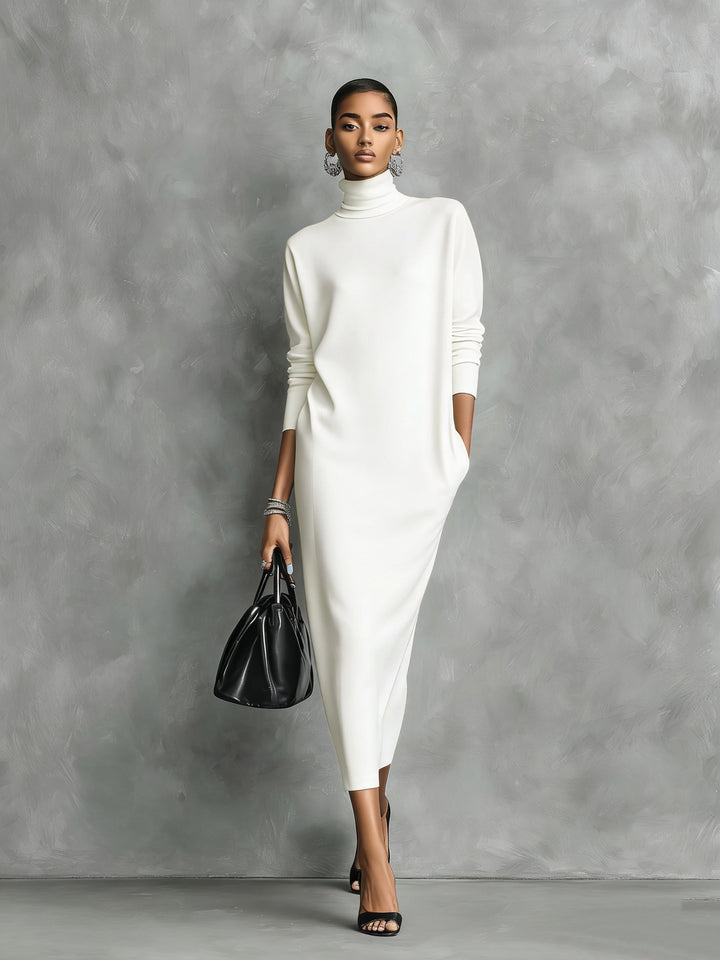 Women's Turtleneck Midi Fall Dress in White
