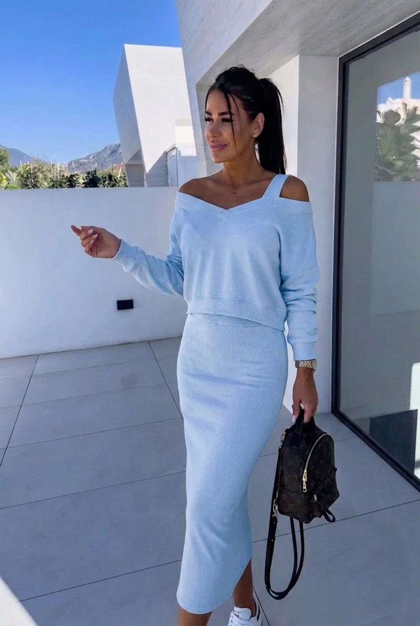 Women's Two-Piece Casual Sweatshirt and Dress Set in Blue