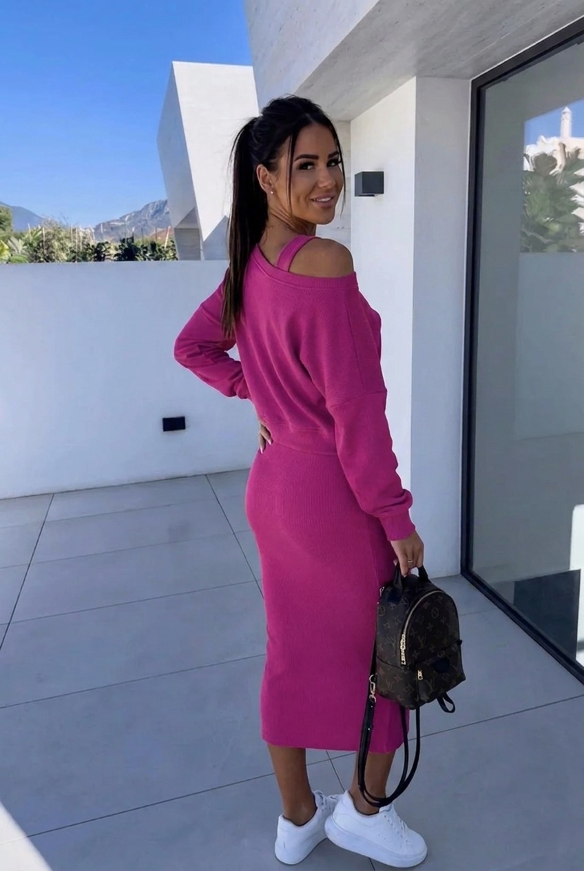 Women's Two-Piece Casual Sweatshirt and Dress Set in Fuchsia