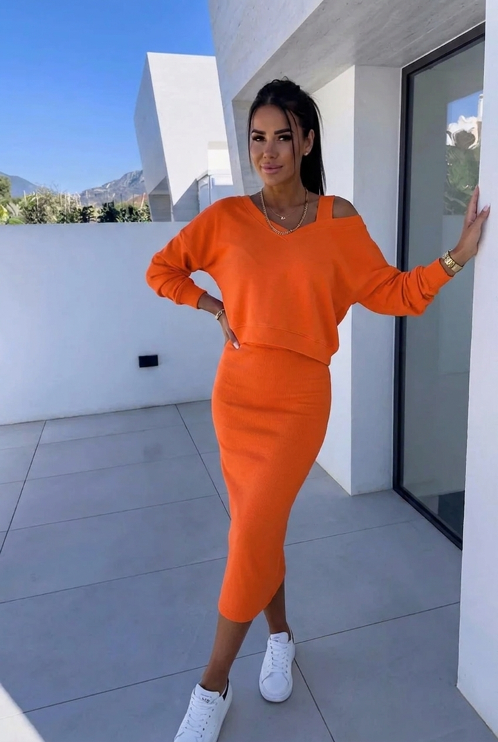 Women's Two-Piece Casual Sweatshirt and Dress Set in Orange