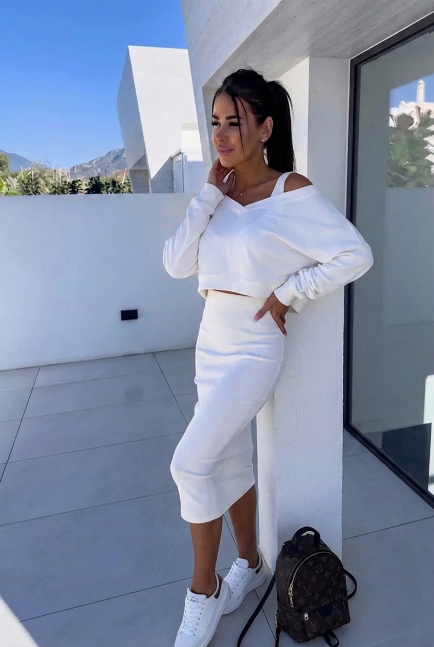 Women's Two-Piece Casual Sweatshirt and Dress Set in White