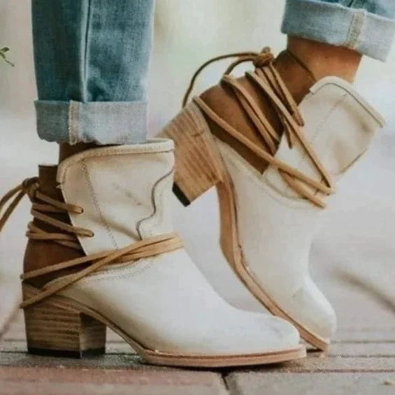 Women's Western Boots with Fringe & Block Heel in Beige