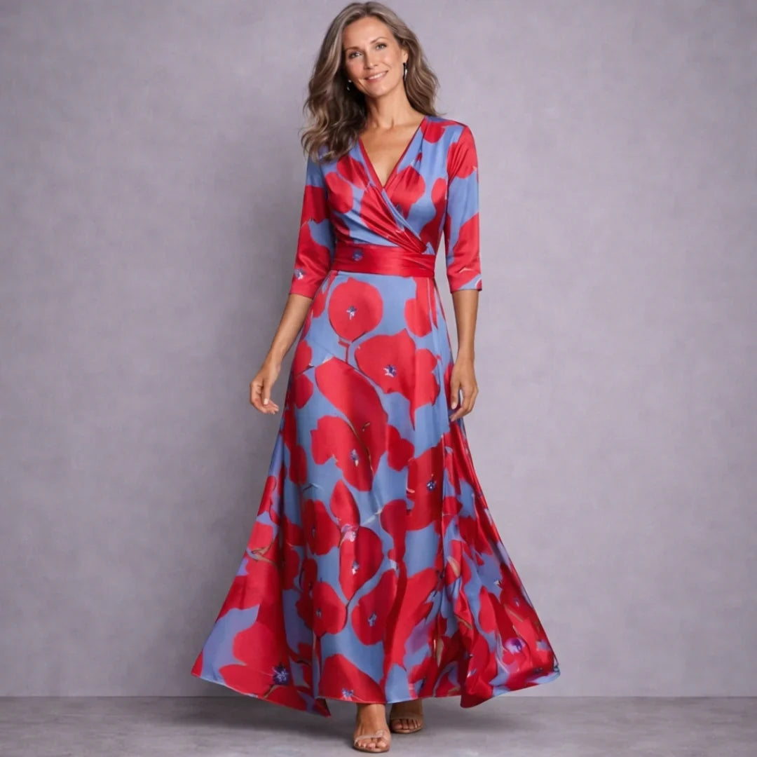 Women's White Floral Maxi Dress in Red/Blue